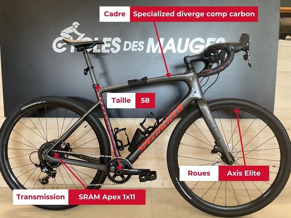 Vélo gravel Specialized Diverge Comp carbone reconditionné avec spécifications à vendre chez votre magasin de vélo préféré entre Nantes et Cholet