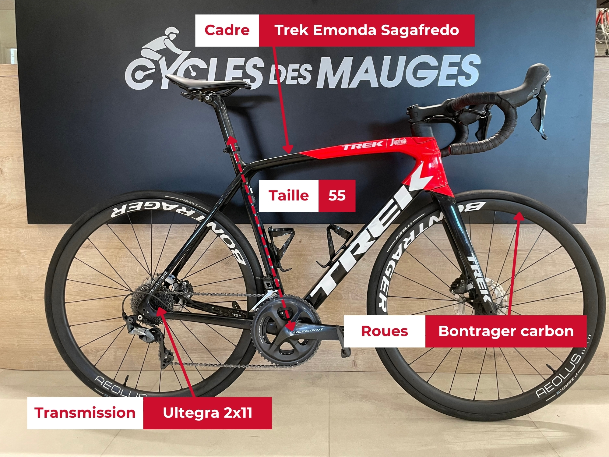 Vélo de route Trek Emonda Sagafredo carbone reconditionné, à vendre chez votre magasin de vélos Cycles des Mauges