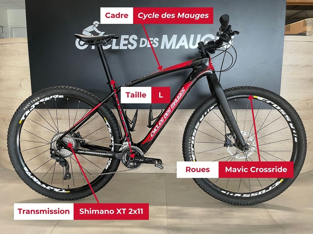 VTT Cycles des Mauges reconditionné taille L avec spécifications techniques à vendre chez Cycles des Mauges, magasin de vélos entre Nantes et Cholet