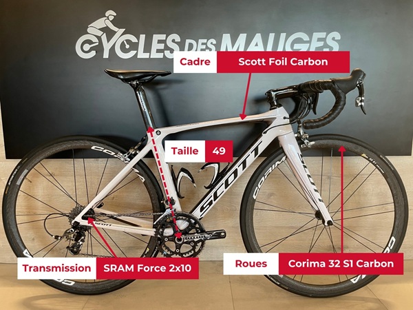 Vélo de route Scott Foil reconditionné à vendre avec spécifications chez Cycles des Mauges (magasin de vélos entre Nantes et Cholet)