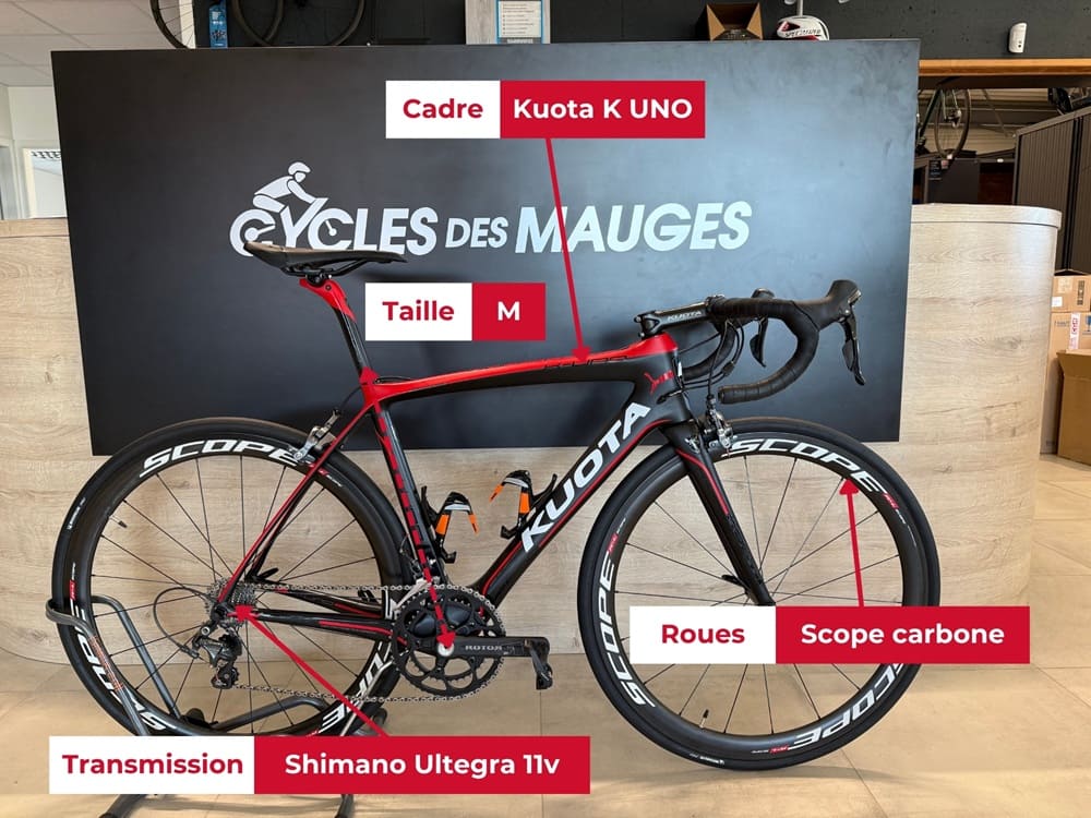 vélo de route Kuota K UNO reconditionné à vendre chez cycles des mauges avec spécifications techniques Vélo de route Kuota K reconditionné avec spécifications à vendre chez Cycles des Mauges (magasin de vélos entre Nantes et Cholet)