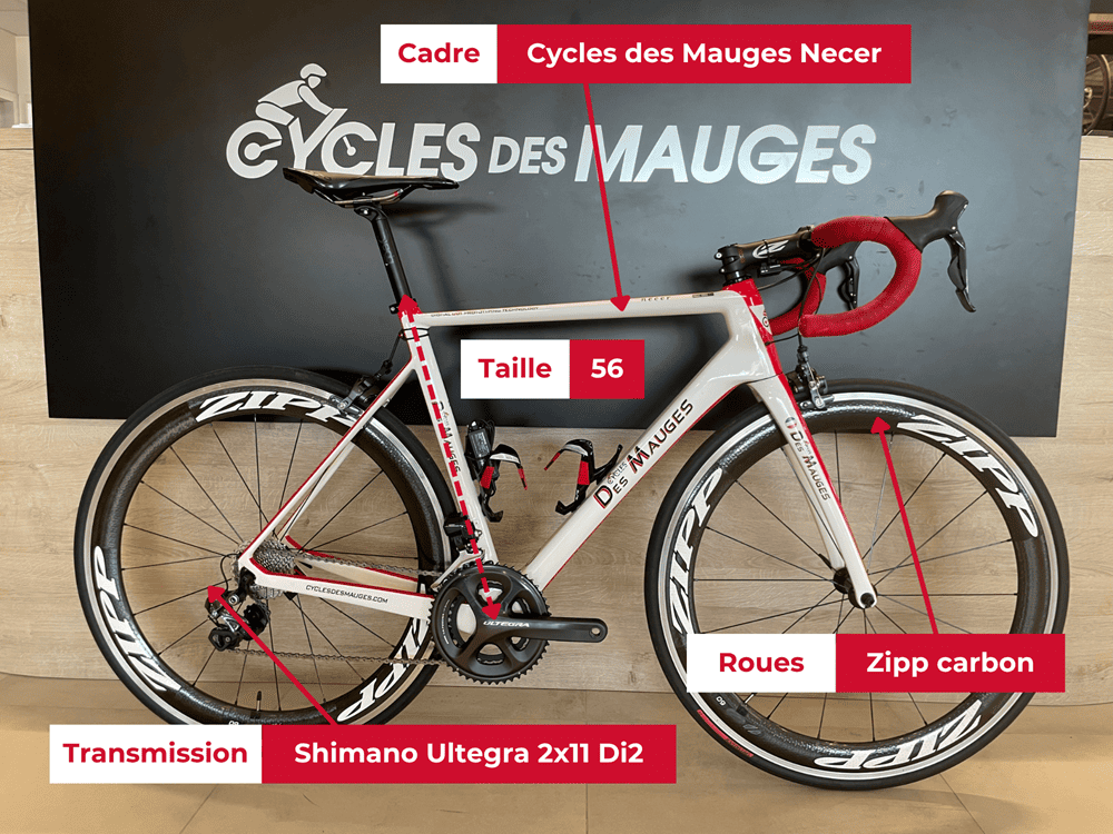Vélo de route Cycles des Mauges Necer carbone reconditionné avec spécifications à vendre chez votre magasin de vélo préféré entre Nantes et Cholet