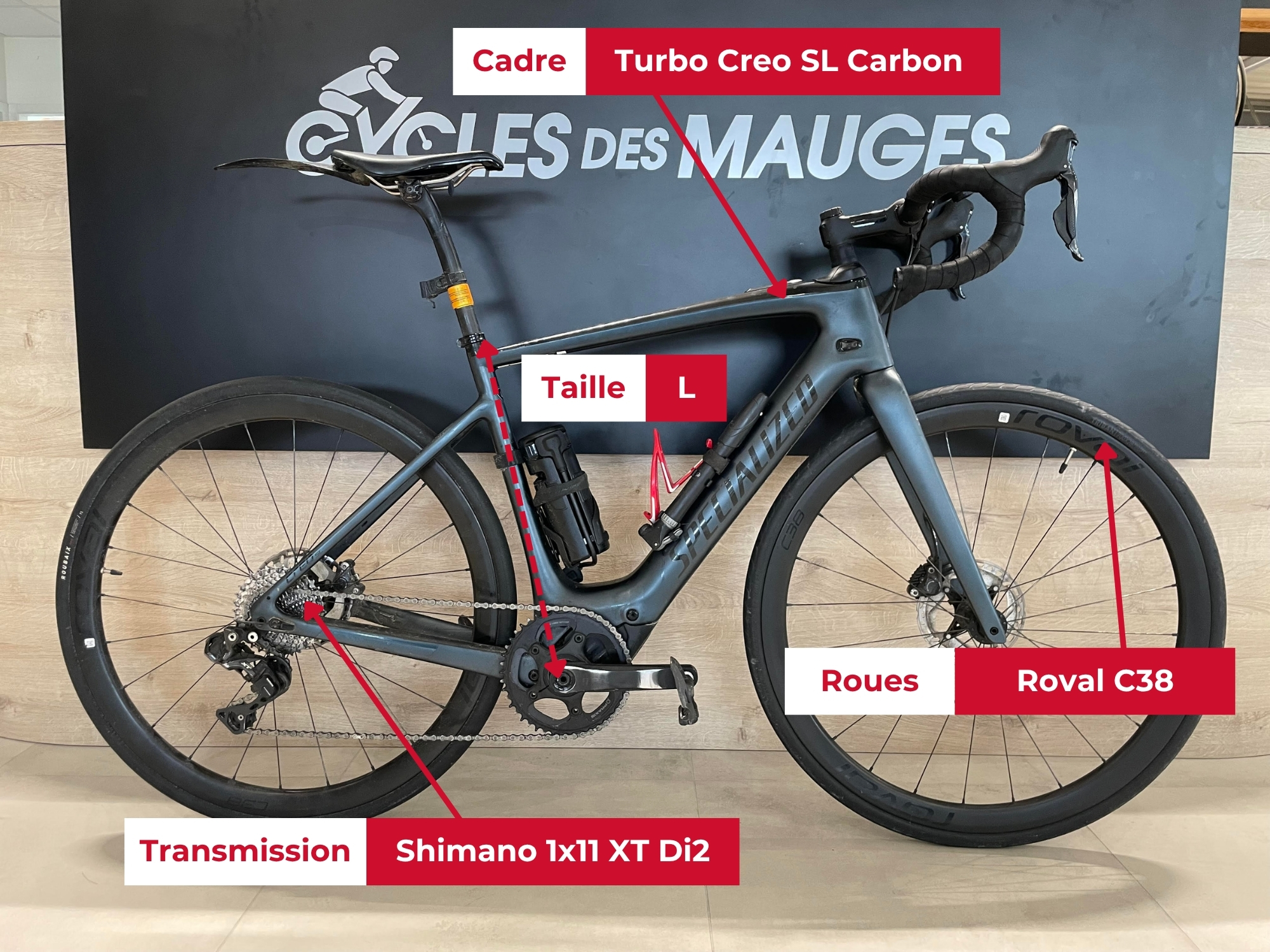 Vélo de route Turbo Creo SL avec descriptif à vendre chez Cycles des Mauges Vélo Specialized Turbo Creo SL reconditionné, à vendre chez votre magasin de vélos Cycles des Mauges